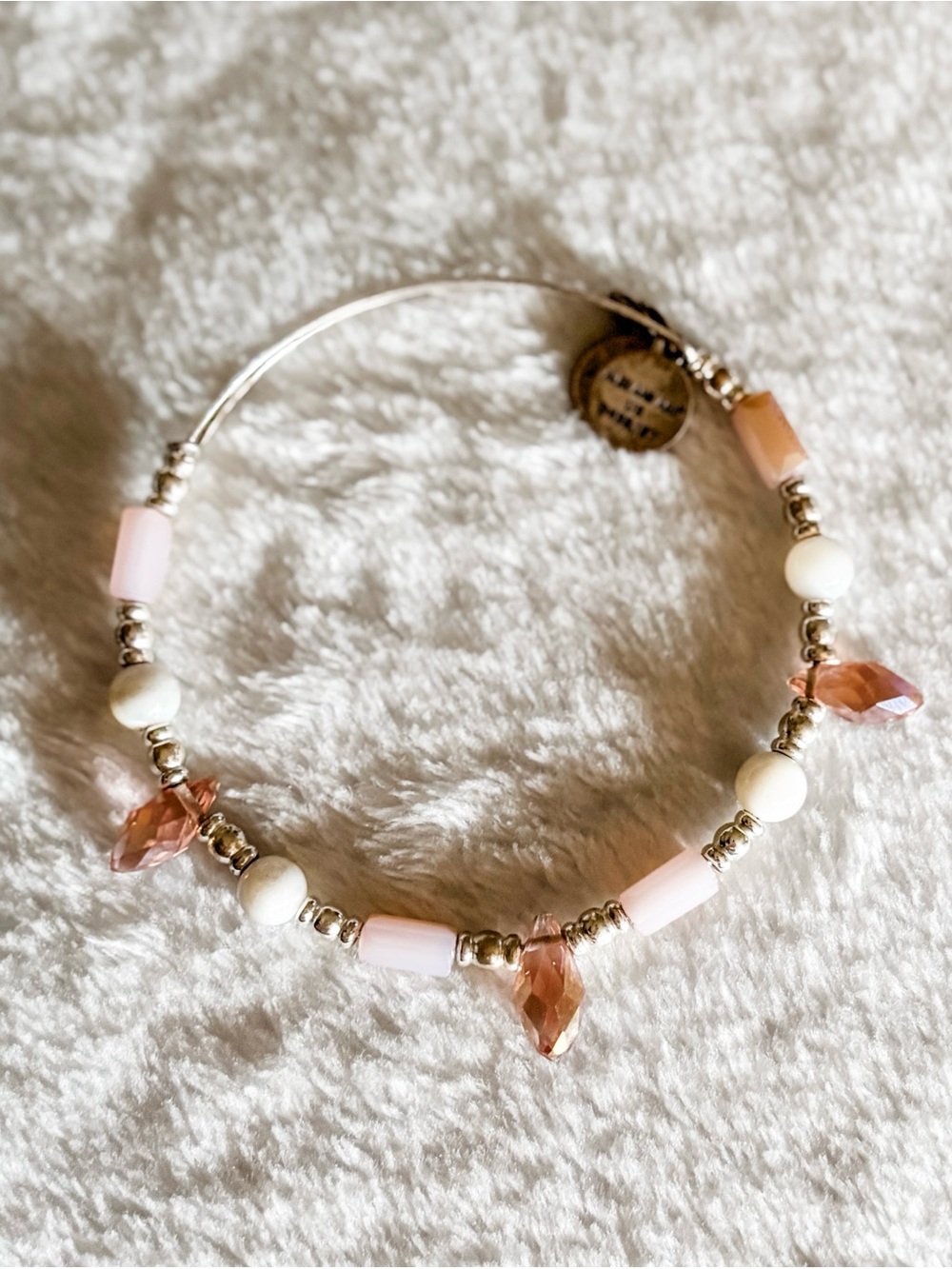 Alex and Ani Light Pink Crystal & White Beaded Bangle Bracelet - Silver